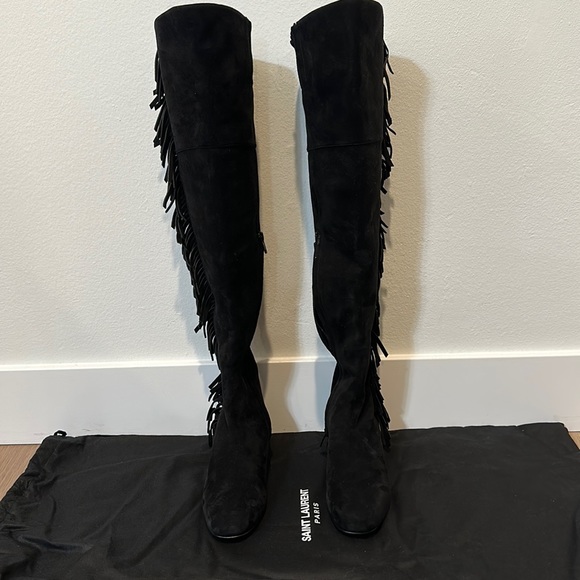 BNIB Saint Laurent (YSL) Suede Over The Knee Fringed Boots 35/5 Black - Picture 4 of 7